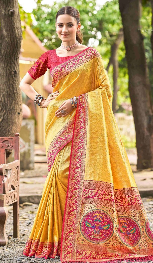 Women Kanjivaram Silk Yellow Party Wear Saree Jacquard - 13089210918