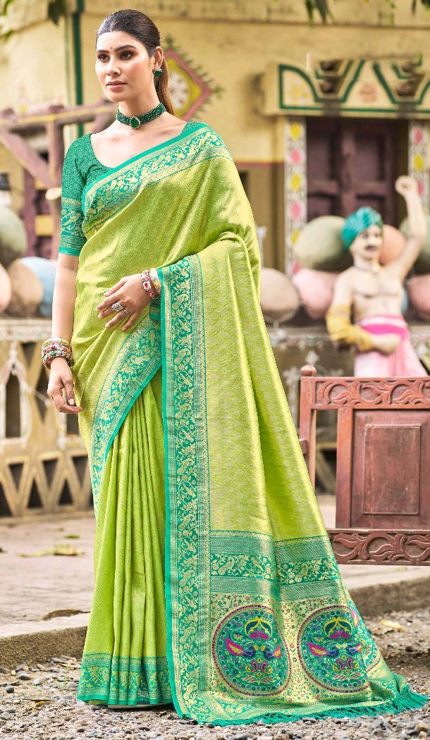 Women Kanjivaram Silk Party Wear Saree Light Green Jacquard - 13089210920