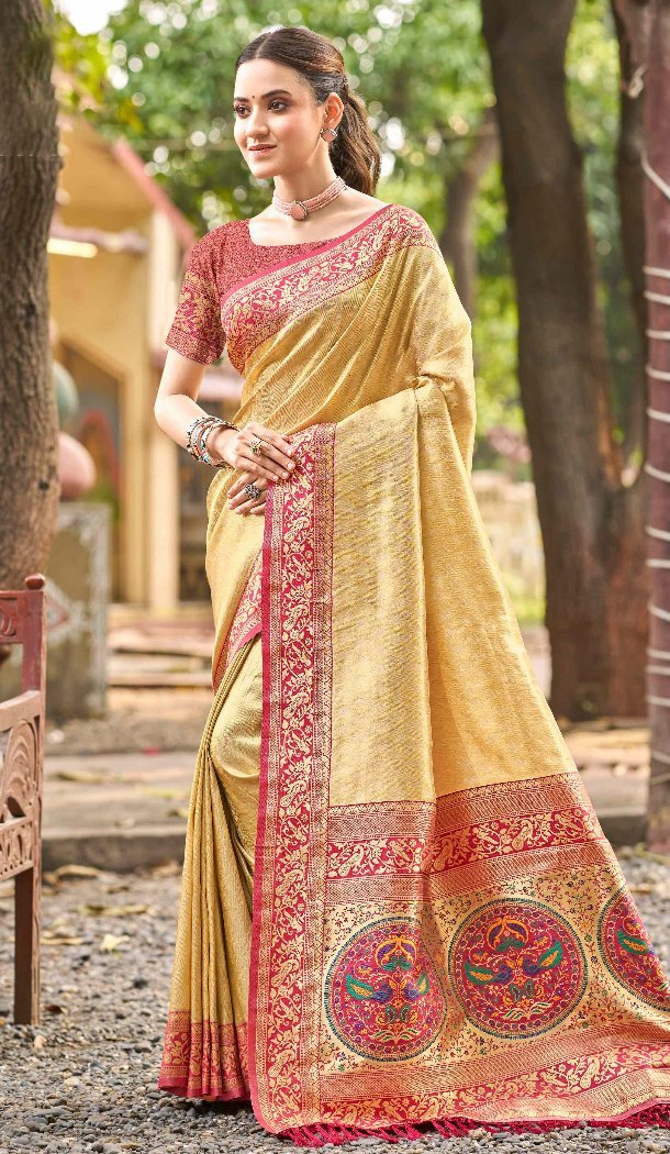 Women Cream Kanjivaram Silk Party Wear Saree Jacquard - 13089210921