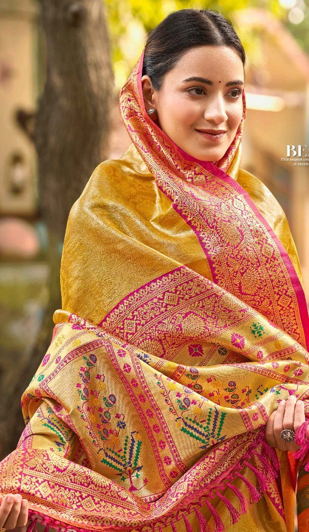 Women Party Wear Saree Jacquard Yellow Kanjivaram Silk - 13090210922