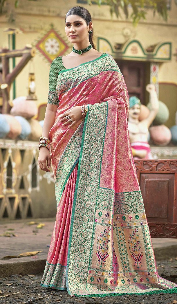 Women Light Pink Kanjivaram Silk Party Wear Saree Jacquard - 13090210923