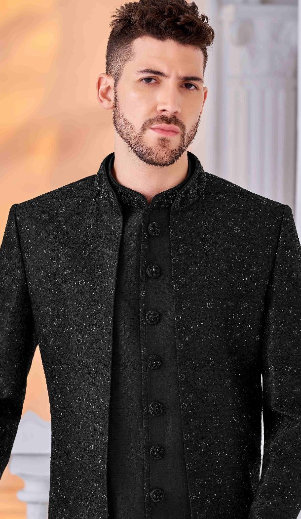 Women Art Embroidered Silk Black Mens Wear Indo Western - 13092210934
