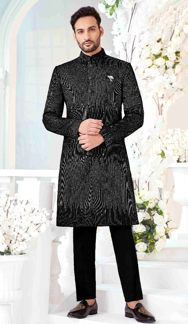 Women Art Embroidered Velvet Mens Wear Indo Western Black - 13092210935