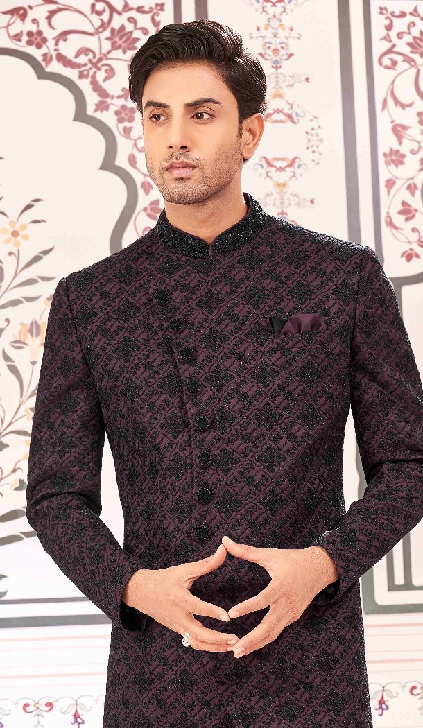 Women Art Embroidered Silk Wine & Black Mens Wear Indo Western - 13092210936