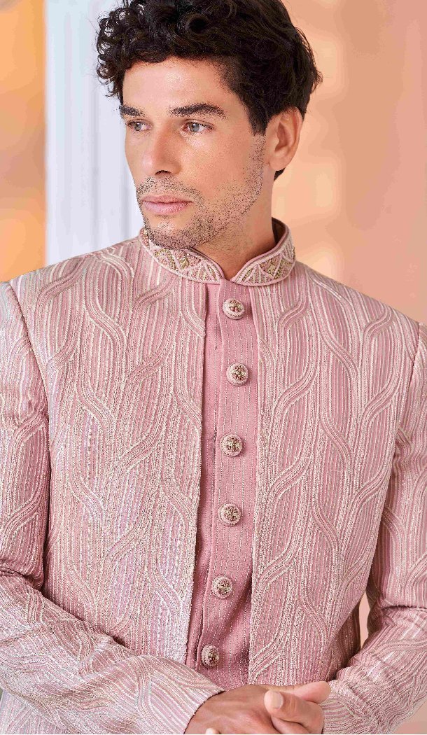 Women Pink Art Embroidered Silk Mens Wear Indo Western - 13092210937