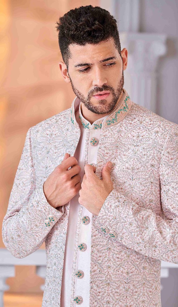 Women Art Embroidered Silk Pink & Multi Mens Wear Indo Western - 13092210938