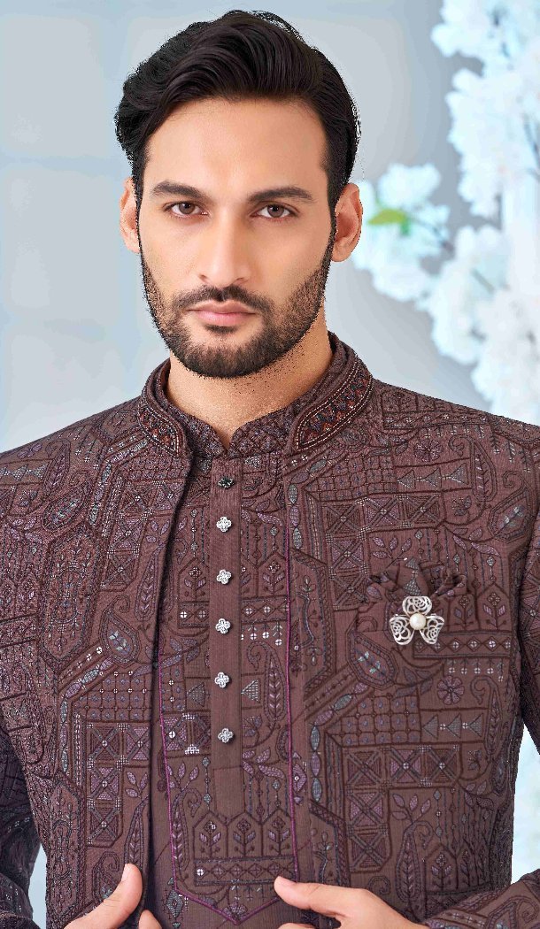 Women Wine Art Embroidered Silk Mens Wear Indo Western - 13092210939