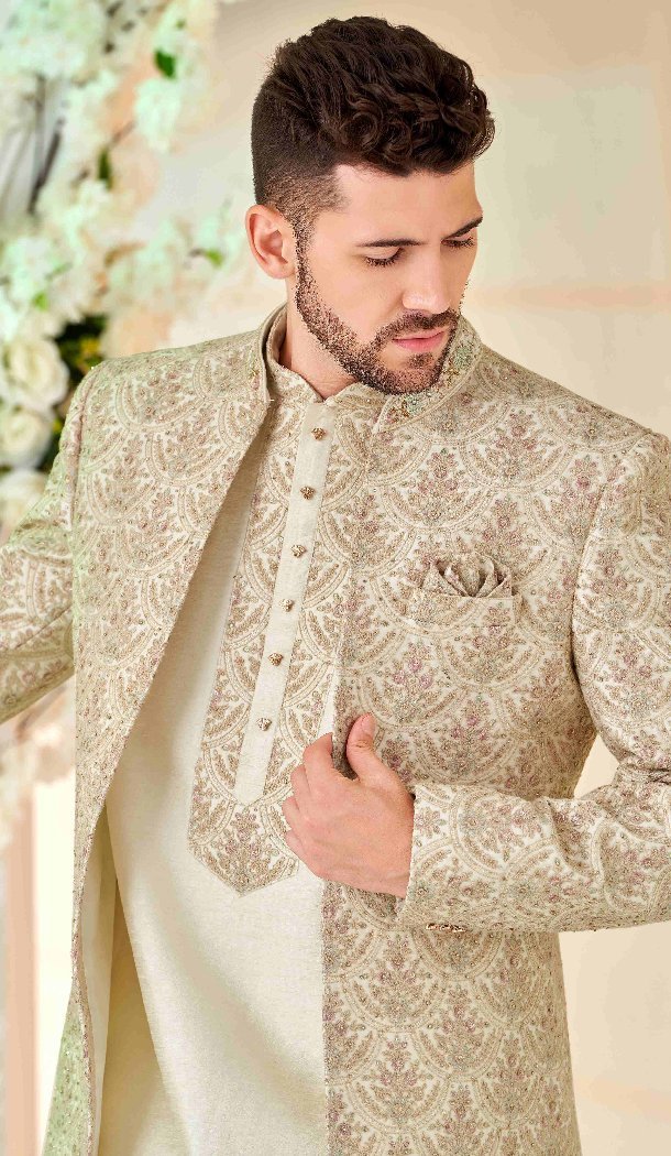 Women Mens Wear Indo Western Cream & Multi Art Embroidered Silk - 13092210940