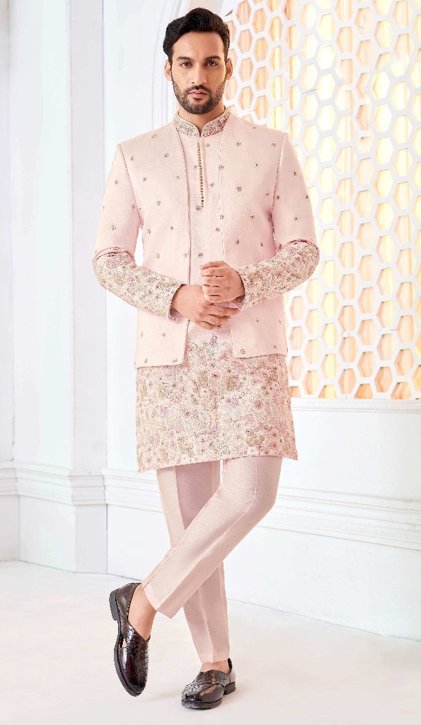 Women Art Embroidered Silk Mens Wear Indo Western Pink & Multi - 13092210947