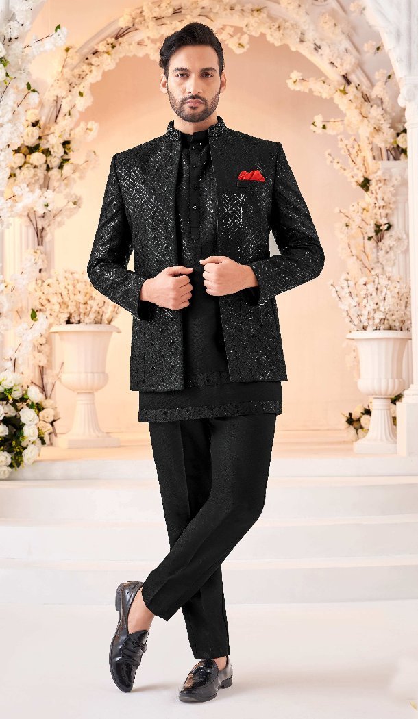 Women Art Embroidered Silk Mens Wear Indo Western Black - 13092210948