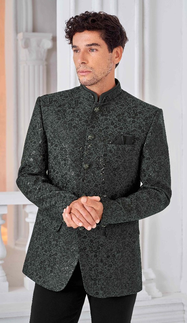 Women Art Embroidered Silk Mens Wear Indo Western Grey & Black - 13092210951