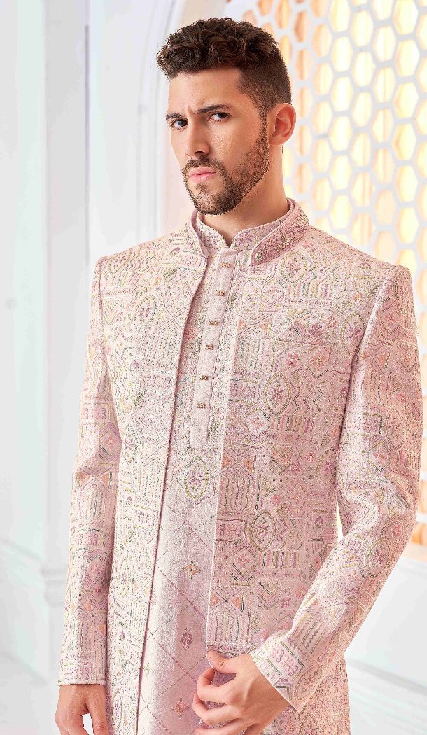 Women Pink & Multi Mens Wear Indo Western Art Embroidered Silk - 13092210952