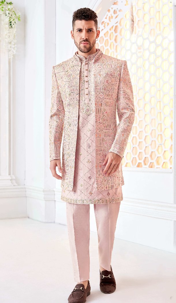 Women Pink & Multi Mens Wear Indo Western Art Embroidered Silk - 13092210952