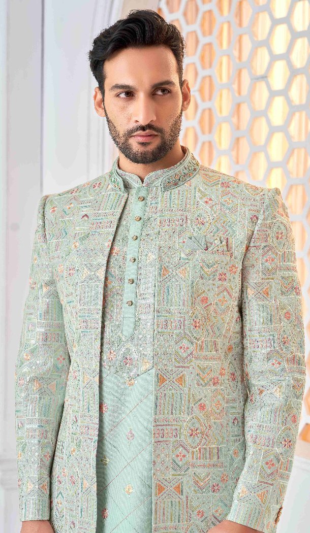 Women Sky Blue & Multi Art Embroidered Silk Mens Wear Indo Western - 13092210953