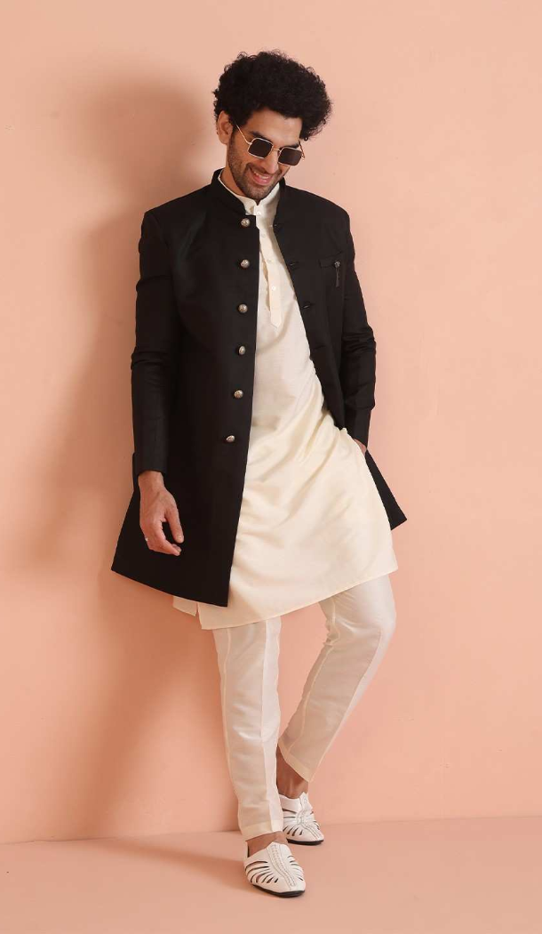 Women Mens Wear Indo Western Dhupion Art Silk Black & Cream - 13116211050