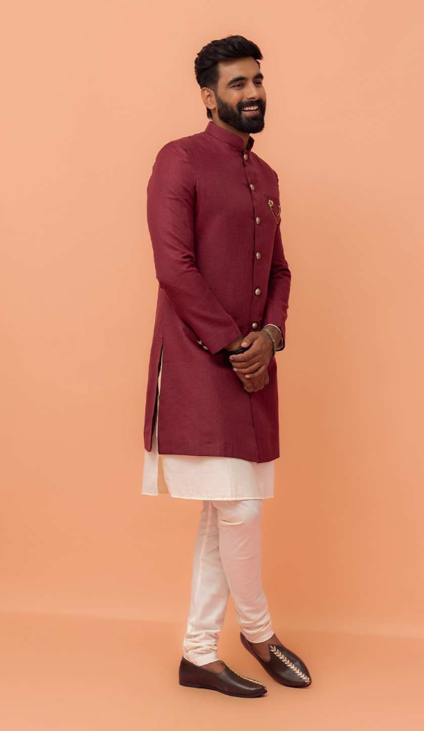 Women Maroon Mens Wear Indo Western Dhupion Art Silk - 13116211051