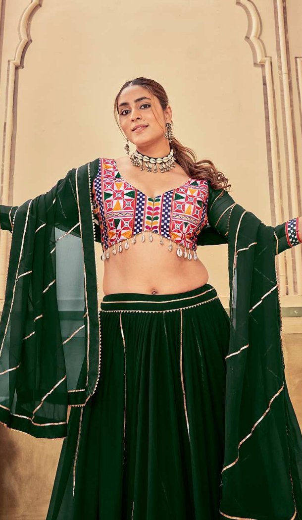 Women Traditional Wear Lehenga Choli Embroidery Work Green Georgette - 13160211296