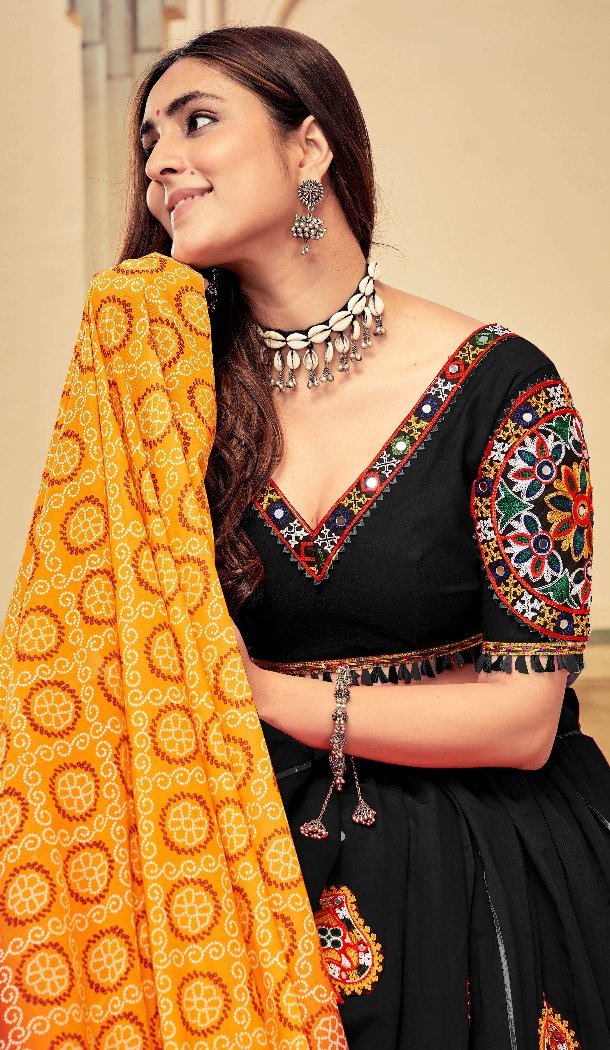 Women Cotton Silk Black Traditional Wear Lehenga Choli Embroidery Work - 13160211297