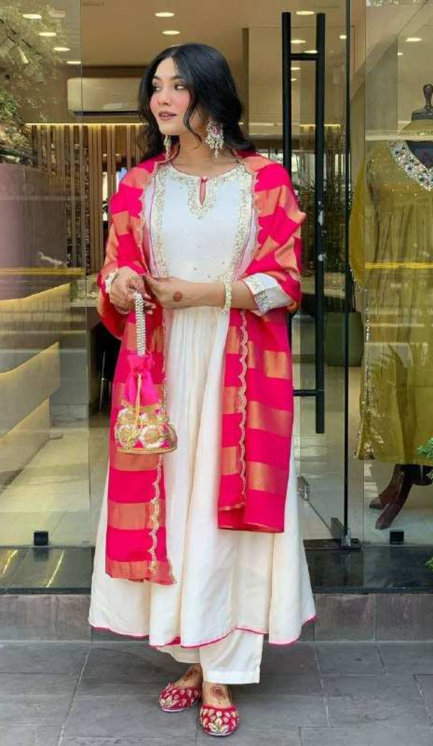 Women White Salwar Suit Heavy Viscose Roman Silk Embroidery - 13209211540