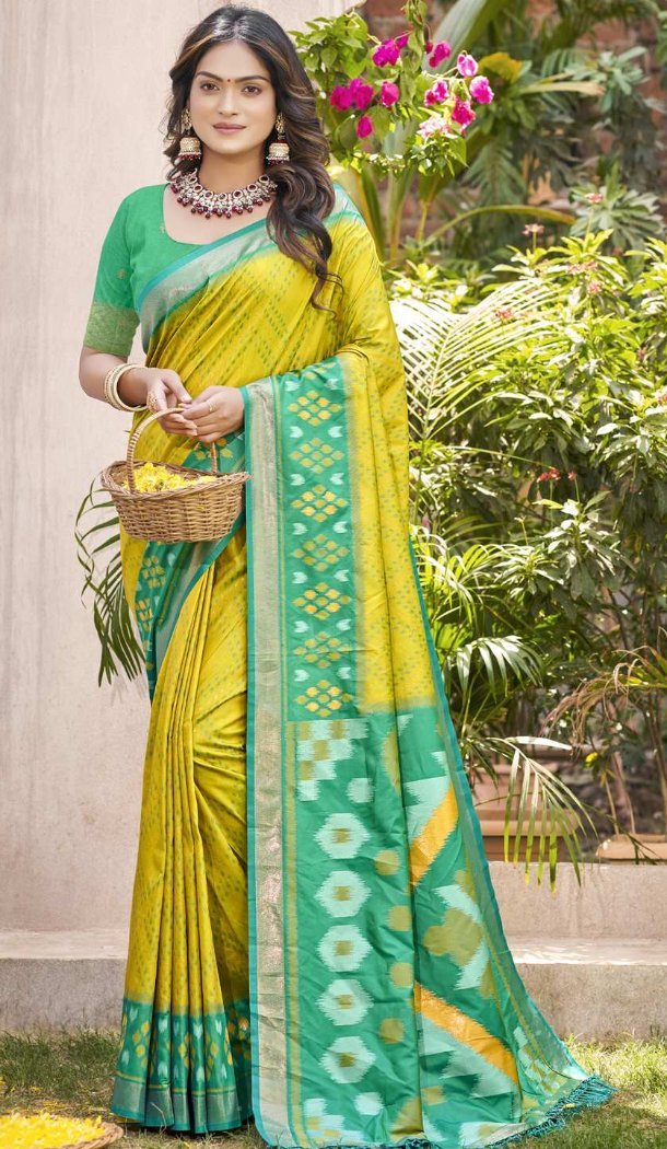 Women Patola print Party Wear Saree Pochampalli Silk Mustard Yellow - 13245211759