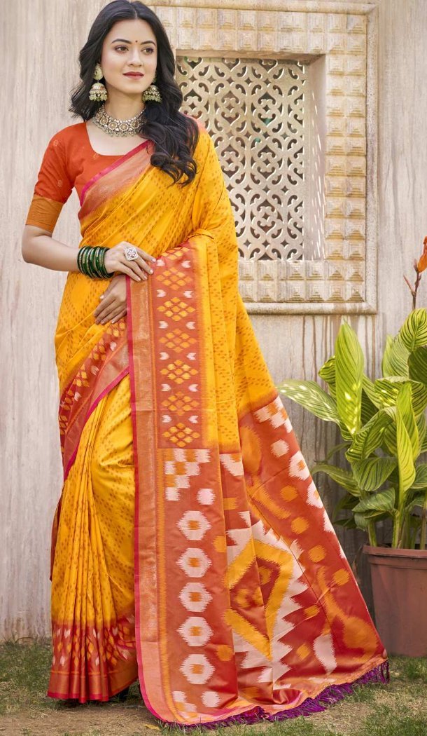 Women Patola print Yellow Pochampalli Silk Party Wear Saree - 13245211761