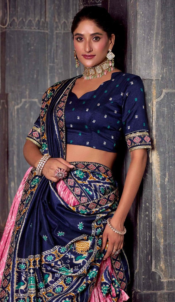 Women Light Pink Party Lehenga Choli Patola print Tussar Silk - 13249211774