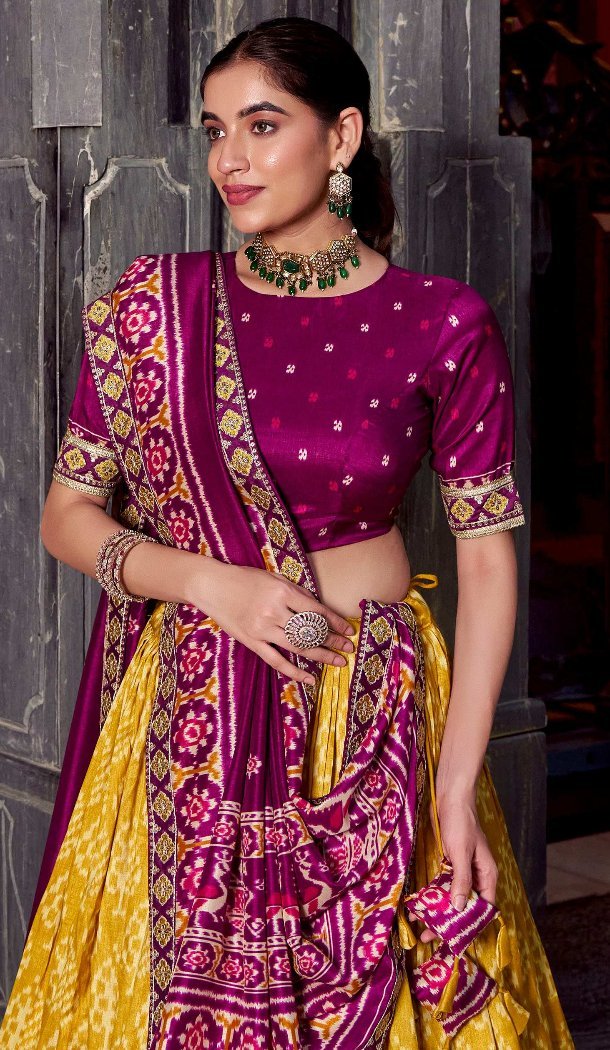 Women Patola print Party Lehenga Choli Tussar Silk Mustard - 13249211775