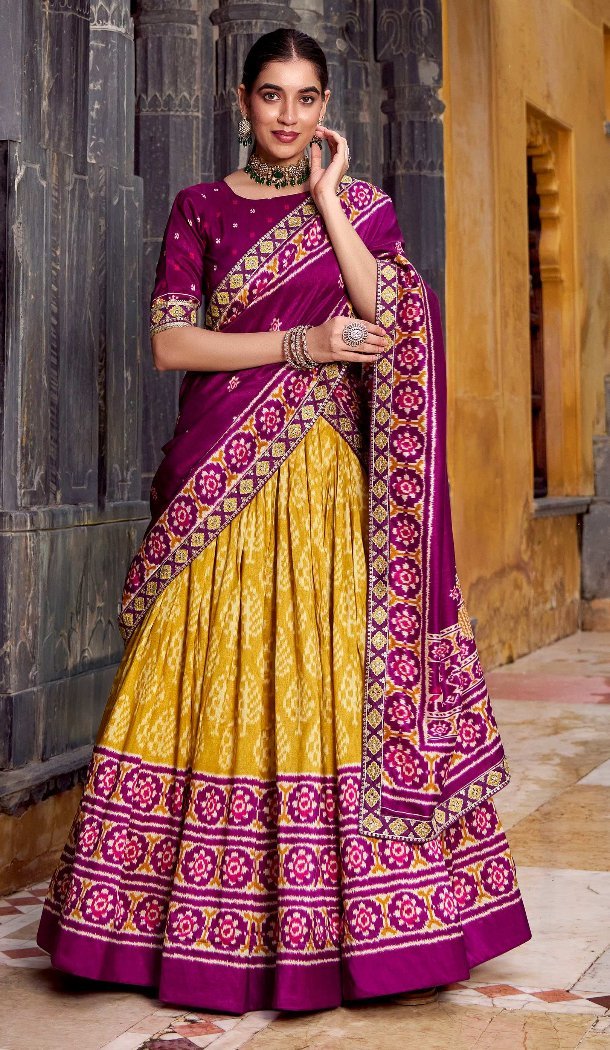 Women Patola print Party Lehenga Choli Tussar Silk Mustard - 13249211775