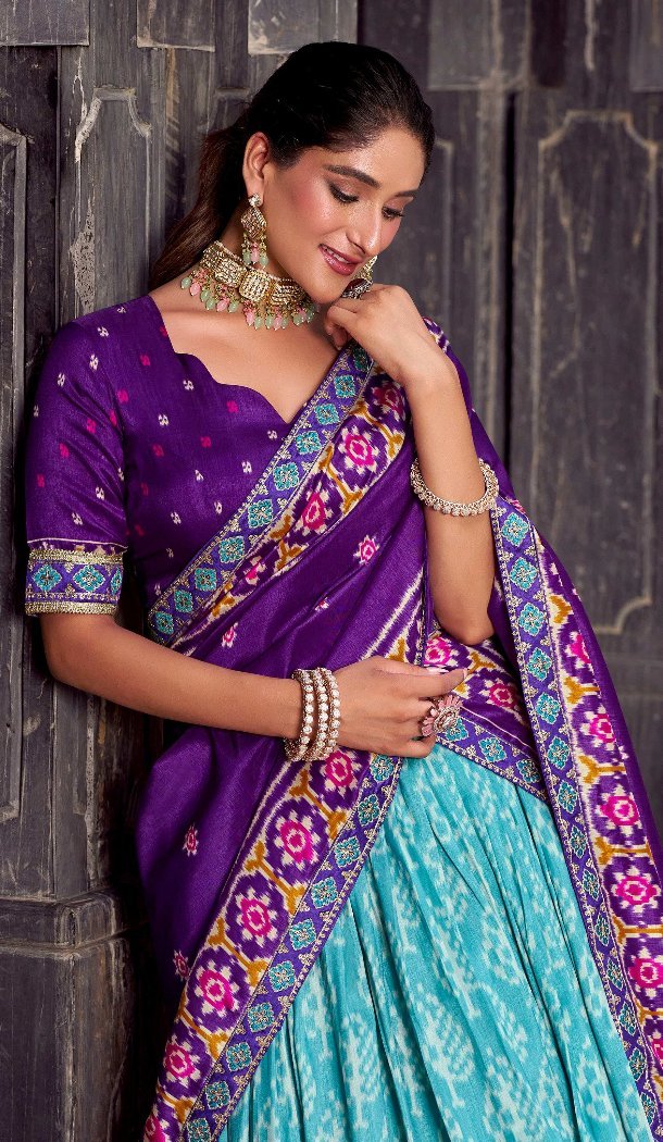 Women Patola print Tussar Silk Blue Party Lehenga Choli - 13249211776
