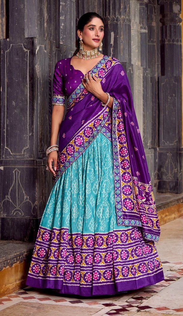 Women Patola print Tussar Silk Blue Party Lehenga Choli - 13249211776