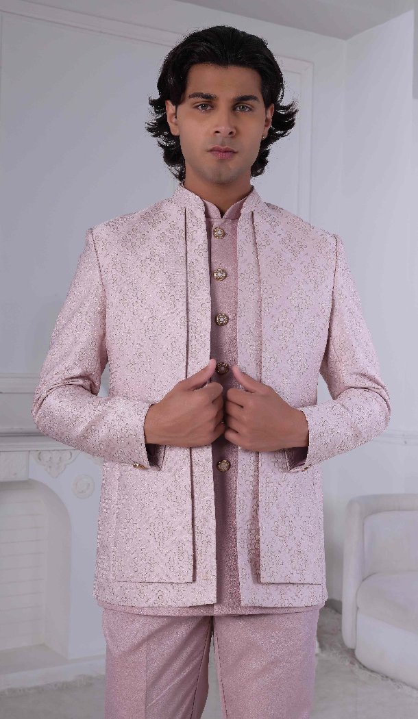 Men Wear Indo Western Jacquard Light Pink - 13240211693