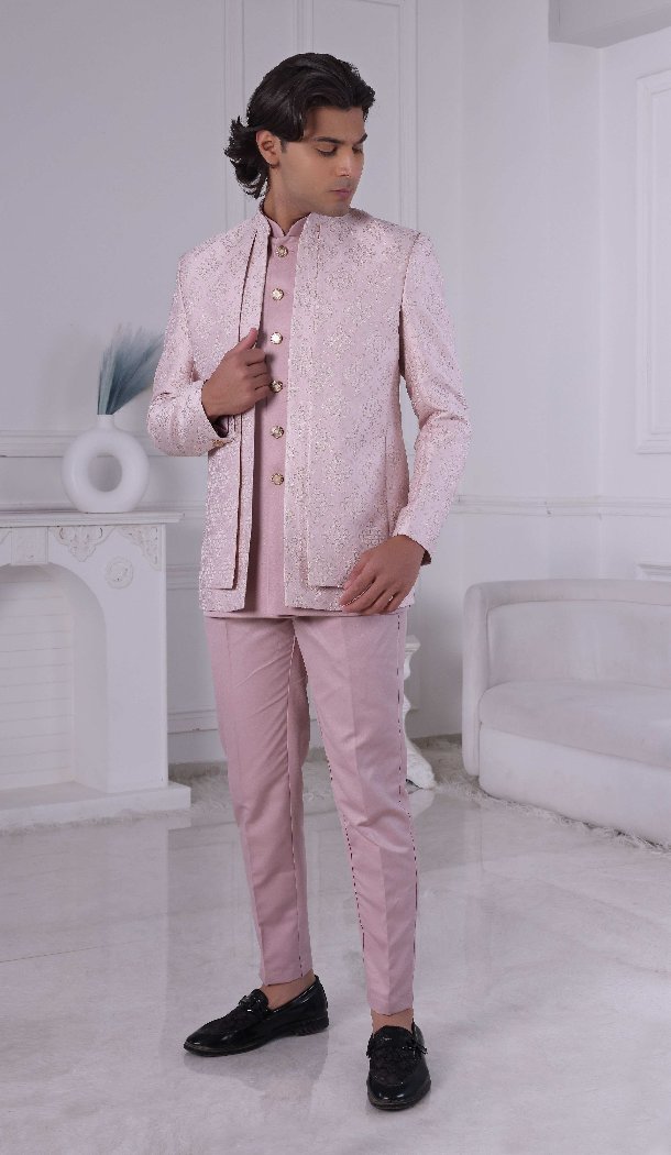 Men Wear Indo Western Jacquard Light Pink - 13240211693