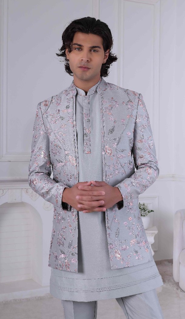 Men Wear Indo Western Foil Thread Work on Silk New Gray - 13240211697