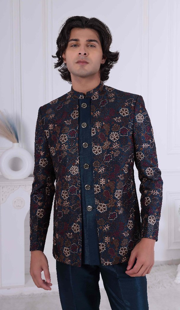 Men Wear Indo Western Peacock blue Embroidery on Silk - 13240211698