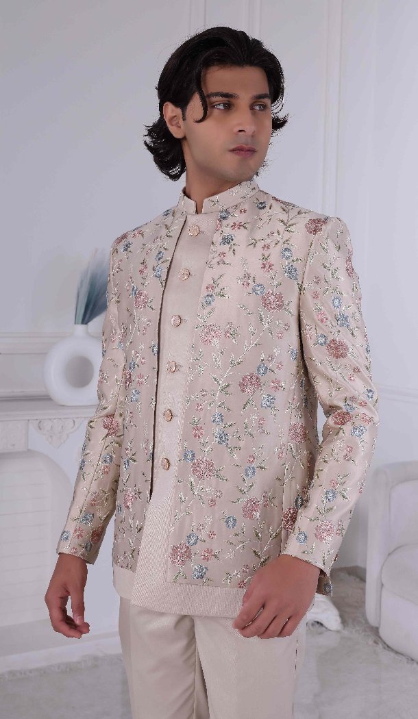 Men Sequence Embroidery on Malai silk Mens Wear Indo Western Golden - 13240211701