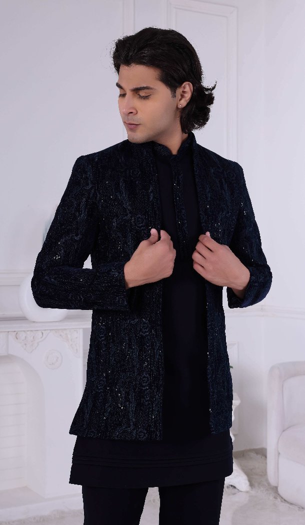 Men Navy Blue Thread Sequence Work on Velvet Mens Wear Indo Western - 13240211702