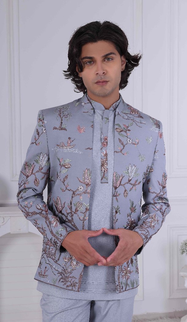 Men Gray Mens Wear Indo Western Embroidery - 13240211705