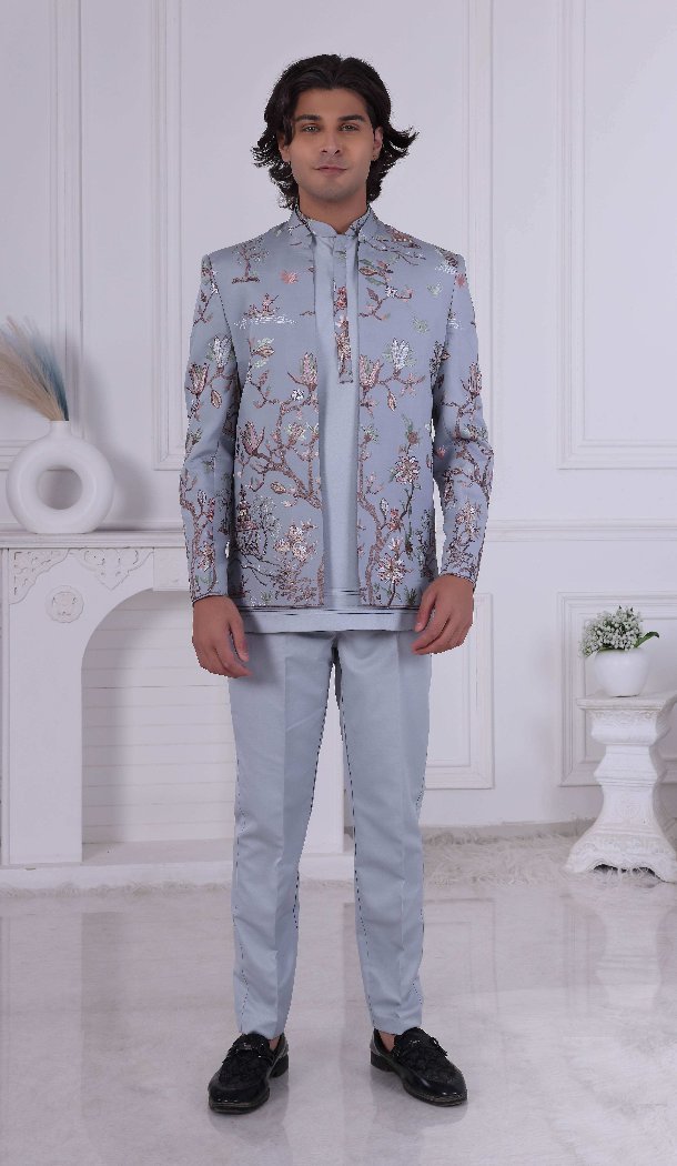 Men Gray Mens Wear Indo Western Embroidery - 13240211705