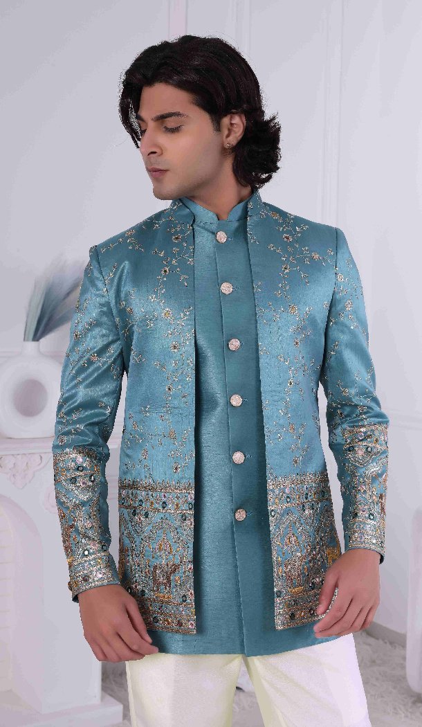 Men Wear Indo Western Sky Daman Sequence Embroidery On Silk - 13240211706
