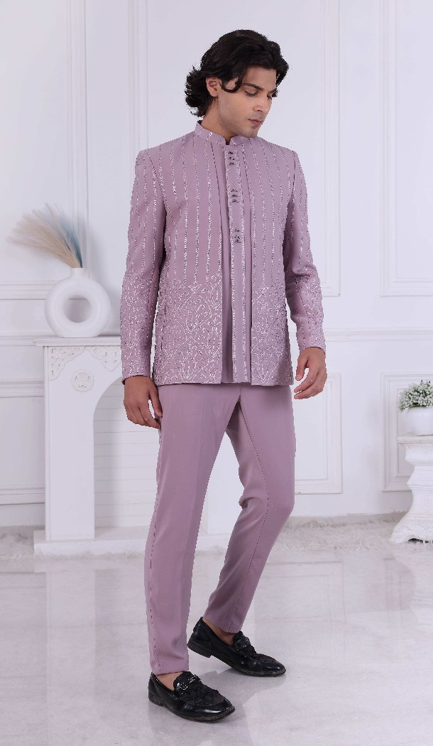 Men Pink Daman Sequence Embroidery On Silk Mens Wear Indo Western - 13240211707