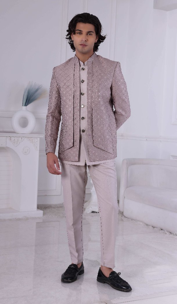 Men Pastel Light Brown Mens Wear Indo Western Jacquard - 13240211713