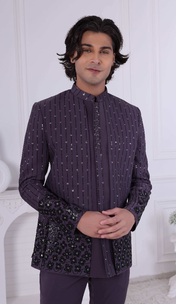 Men Sequence Embroidery On Imported Gray Mens Wear Indo Western - 13240211714