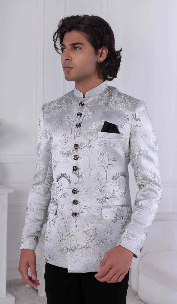 Men Light Gray Jacquard Mens Wear Indo Western - 13240211715