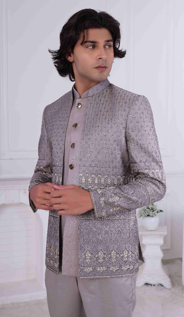 Men Light Brown Mens Wear Indo Western Daman Sequence Embroidery On Silk - 13240211716