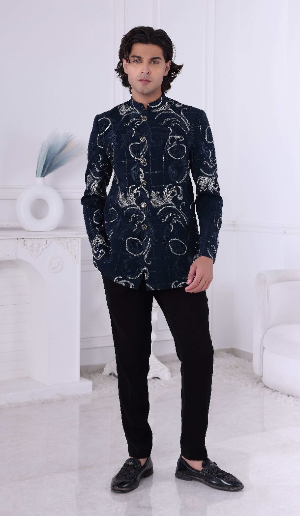 Men Thread Work Embroidery on Imported Mens Wear Indo Western Peacock blue - 13240211718
