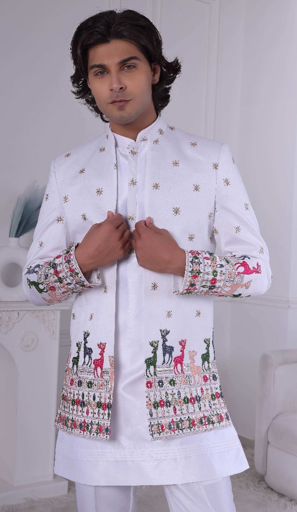 Men Daman Sequence Embroidery On Silk Mens Wear Indo Western White - 13240211719