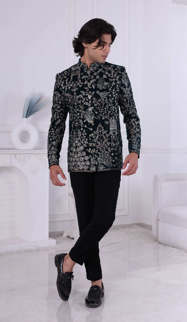 Men Velvet Embroidery Mens Wear Indo Western Botttle Green - 13240211720