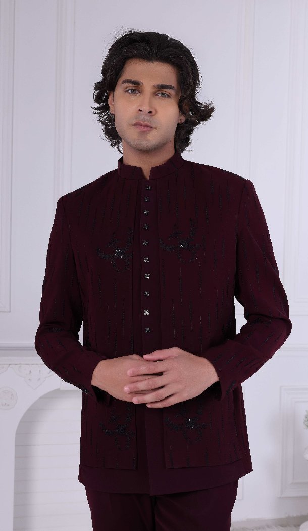 Men Wear Indo Western Maroon Embroidery on Imported - 13240211722