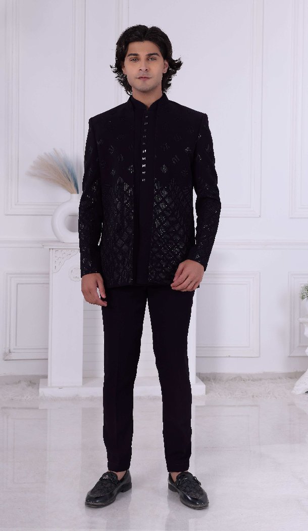 Men Dark Wine Color Daman Sequence Embroidery On Silk Mens Wear Indo Western - 13240211724