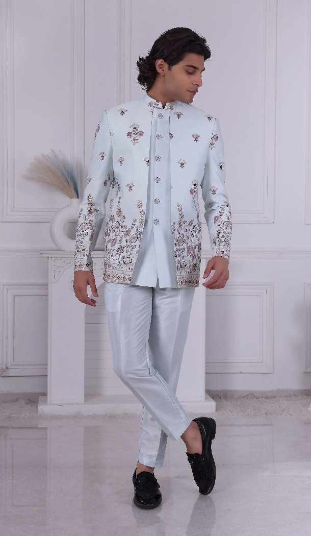 Men Wear Indo Western Daman Sequence Embroidery On Silk Light Sky - 13240211727